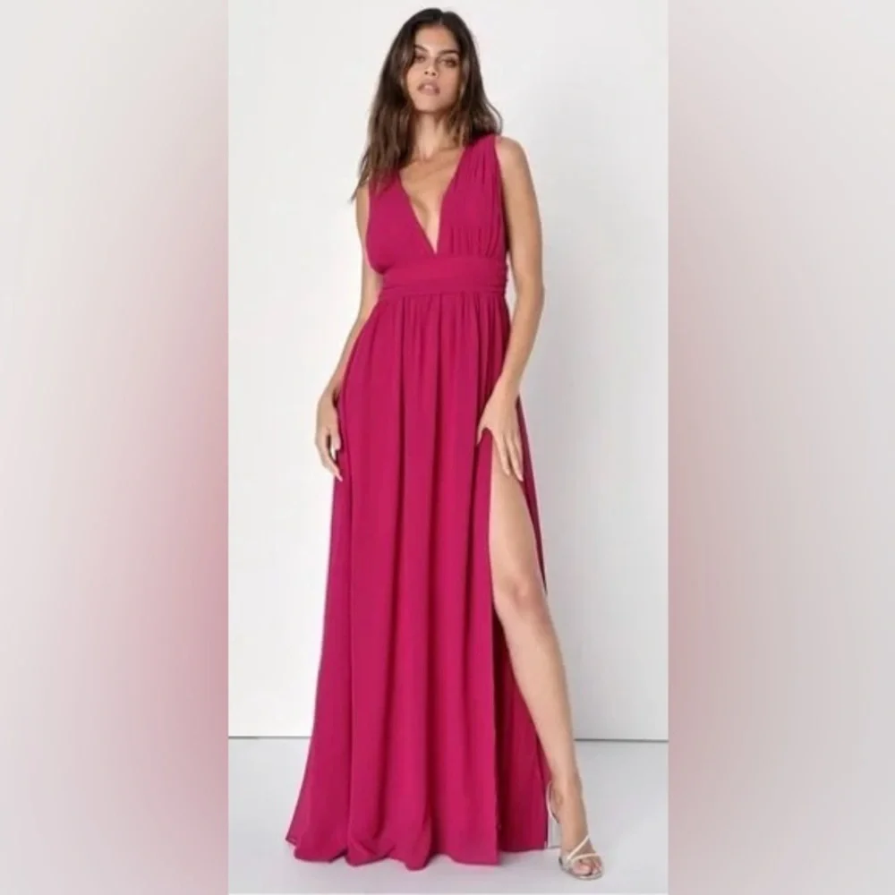 Lulu's Fuchsia Plunge V-Neck Maxi Dress with High Slit - Picture 2 of 11